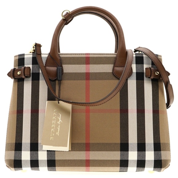 Burberry Banner Medium Tote Shoulder Bag Check Canvas Tan New - Picture 3 of 10